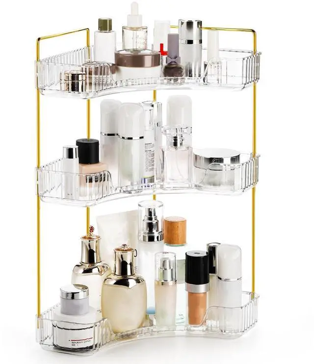 Main image of 3 Tiers Corner Bathroom Counter Organizer, Clear Countertop Shelf Storage Rack, Cosmetic Perfume Tray Standing Holder with Gold Metal Pole, Skincare Sink Organizer for Vanity Kitchen