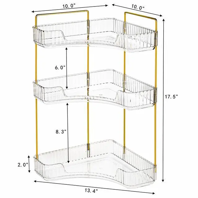 Alt view image 2 of 7 - 3 Tiers Corner Bathroom Counter Organizer, Clear Countertop Shelf Storage Rack, Cosmetic Perfume Tray Standing Holder with Gold Metal Pole, Skincare Sink Organizer for Vanity Kitchen