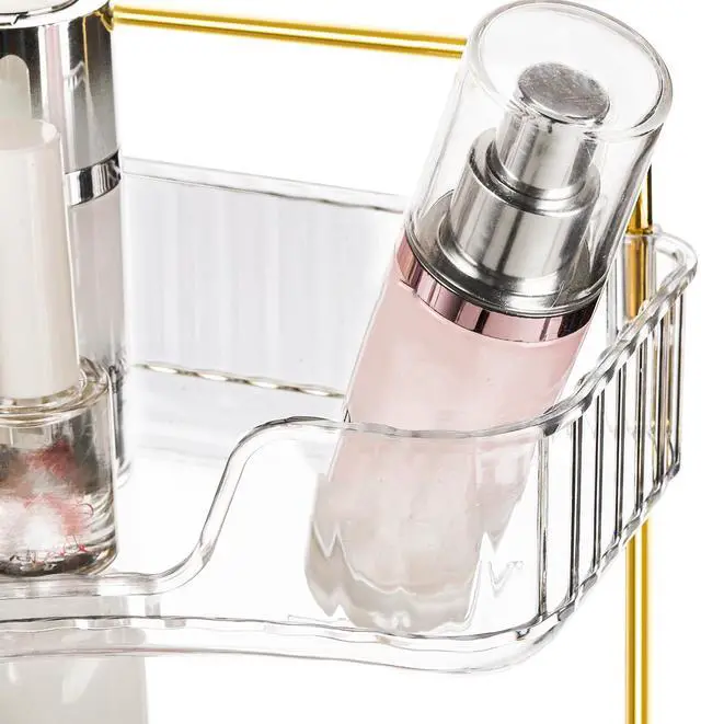 Alt view image 4 of 7 - 3 Tiers Corner Bathroom Counter Organizer, Clear Countertop Shelf Storage Rack, Cosmetic Perfume Tray Standing Holder with Gold Metal Pole, Skincare Sink Organizer for Vanity Kitchen