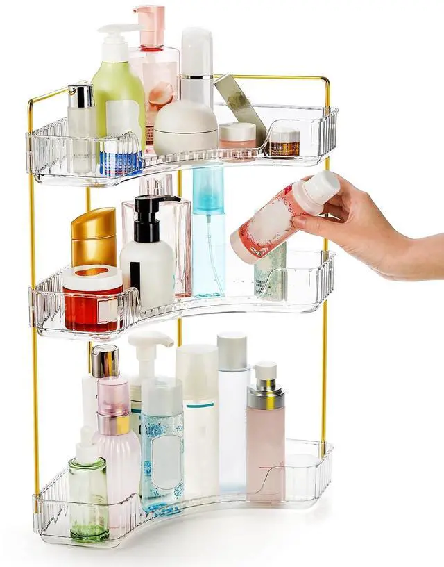 Alt view image 5 of 7 - 3 Tiers Corner Bathroom Counter Organizer, Clear Countertop Shelf Storage Rack, Cosmetic Perfume Tray Standing Holder with Gold Metal Pole, Skincare Sink Organizer for Vanity Kitchen