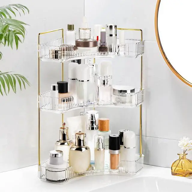 Alt view image 6 of 7 - 3 Tiers Corner Bathroom Counter Organizer, Clear Countertop Shelf Storage Rack, Cosmetic Perfume Tray Standing Holder with Gold Metal Pole, Skincare Sink Organizer for Vanity Kitchen