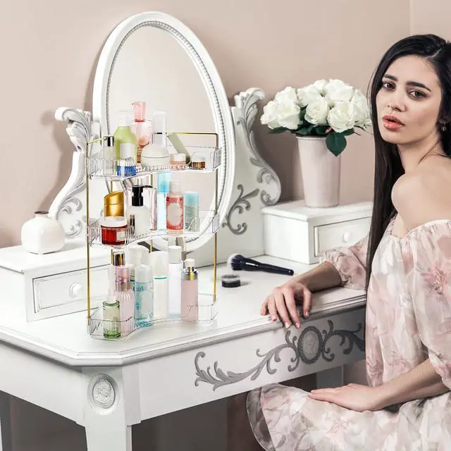 Alt view image 7 of 7 - 3 Tiers Corner Bathroom Counter Organizer, Clear Countertop Shelf Storage Rack, Cosmetic Perfume Tray Standing Holder with Gold Metal Pole, Skincare Sink Organizer for Vanity Kitchen