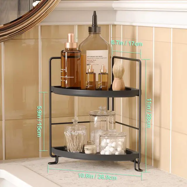 Alt view image 2 of 6 - 2 Tier Corner Bathroom Countertop Organizer, Tool-Less Installation Vanity Tray for Skincare Makeup Perfume Organizer, Small Plastics Counter Bathroom Storage and Organization (Black)