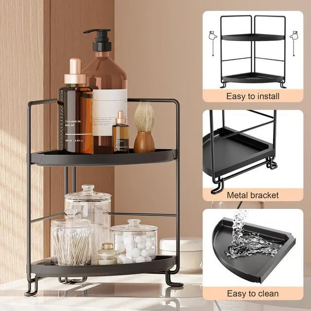 Alt view image 3 of 6 - 2 Tier Corner Bathroom Countertop Organizer, Tool-Less Installation Vanity Tray for Skincare Makeup Perfume Organizer, Small Plastics Counter Bathroom Storage and Organization (Black)