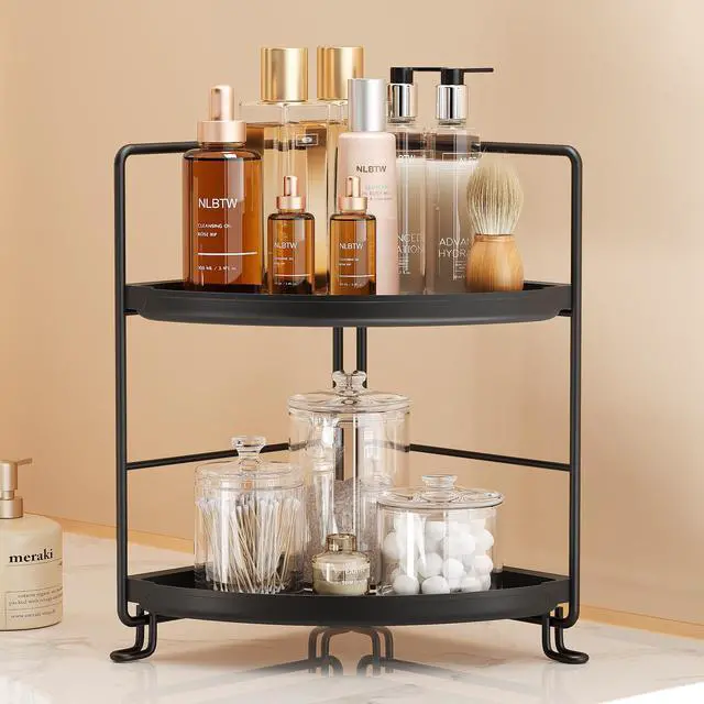 Main image of 2 Tier Corner Bathroom Countertop Organizer, Tool-Less Installation Vanity Tray for Skincare Makeup Perfume Organizer, Small Plastics Counter Bathroom Storage and Organization (Black)