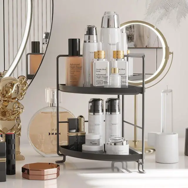 Alt view image 5 of 6 - 2 Tier Corner Bathroom Countertop Organizer, Tool-Less Installation Vanity Tray for Skincare Makeup Perfume Organizer, Small Plastics Counter Bathroom Storage and Organization (Black)