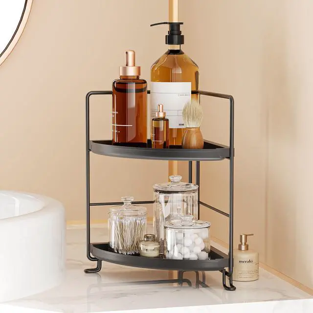 Alt view image 6 of 6 - 2 Tier Corner Bathroom Countertop Organizer, Tool-Less Installation Vanity Tray for Skincare Makeup Perfume Organizer, Small Plastics Counter Bathroom Storage and Organization (Black)