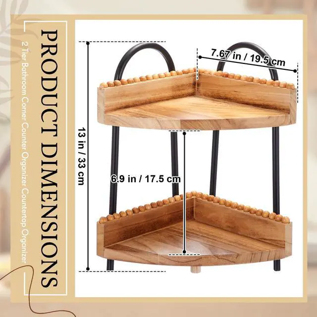 Alt view image 2 of 7 - 2 Tier Bathroom Corner Counter Organizer Countertop Organizer, Vanity Counter Corner Shelf for Cosmetic Skincare Perfume, Wood Bead Storage and Organization for Bathroom Kitchen