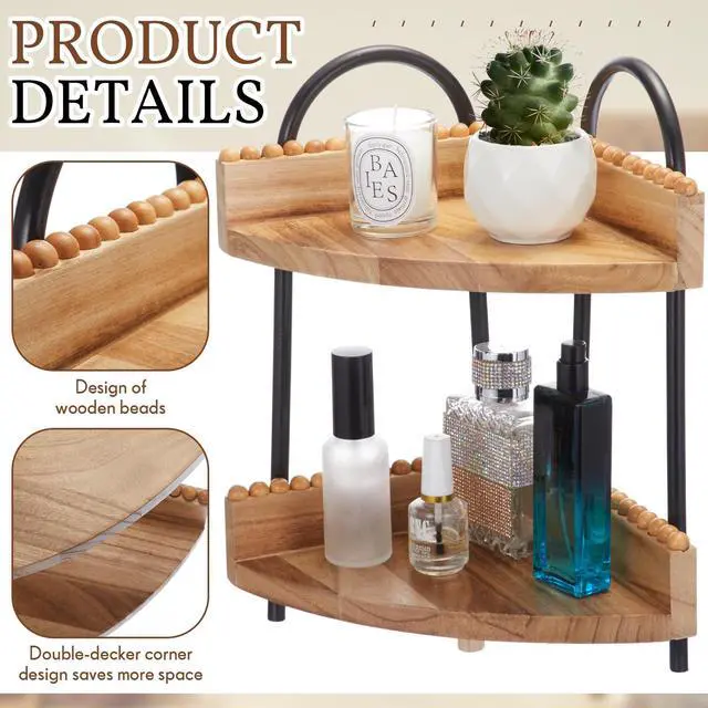 Alt view image 4 of 7 - 2 Tier Bathroom Corner Counter Organizer Countertop Organizer, Vanity Counter Corner Shelf for Cosmetic Skincare Perfume, Wood Bead Storage and Organization for Bathroom Kitchen
