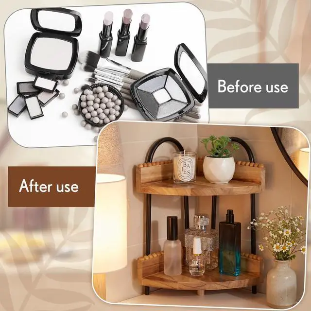 Alt view image 5 of 7 - 2 Tier Bathroom Corner Counter Organizer Countertop Organizer, Vanity Counter Corner Shelf for Cosmetic Skincare Perfume, Wood Bead Storage and Organization for Bathroom Kitchen