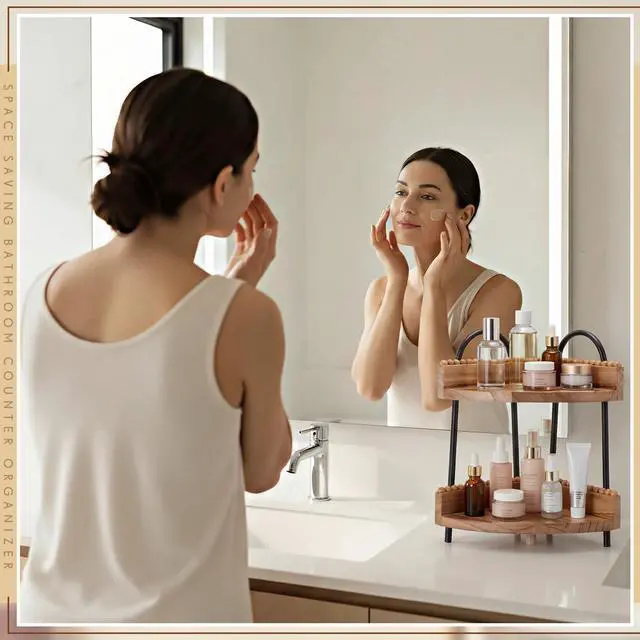 Alt view image 7 of 7 - 2 Tier Bathroom Corner Counter Organizer Countertop Organizer, Vanity Counter Corner Shelf for Cosmetic Skincare Perfume, Wood Bead Storage and Organization for Bathroom Kitchen