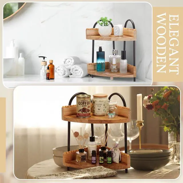 Alt view image 6 of 7 - 2 Tier Bathroom Corner Counter Organizer Countertop Organizer, Vanity Counter Corner Shelf for Cosmetic Skincare Perfume, Wood Bead Storage and Organization for Bathroom Kitchen