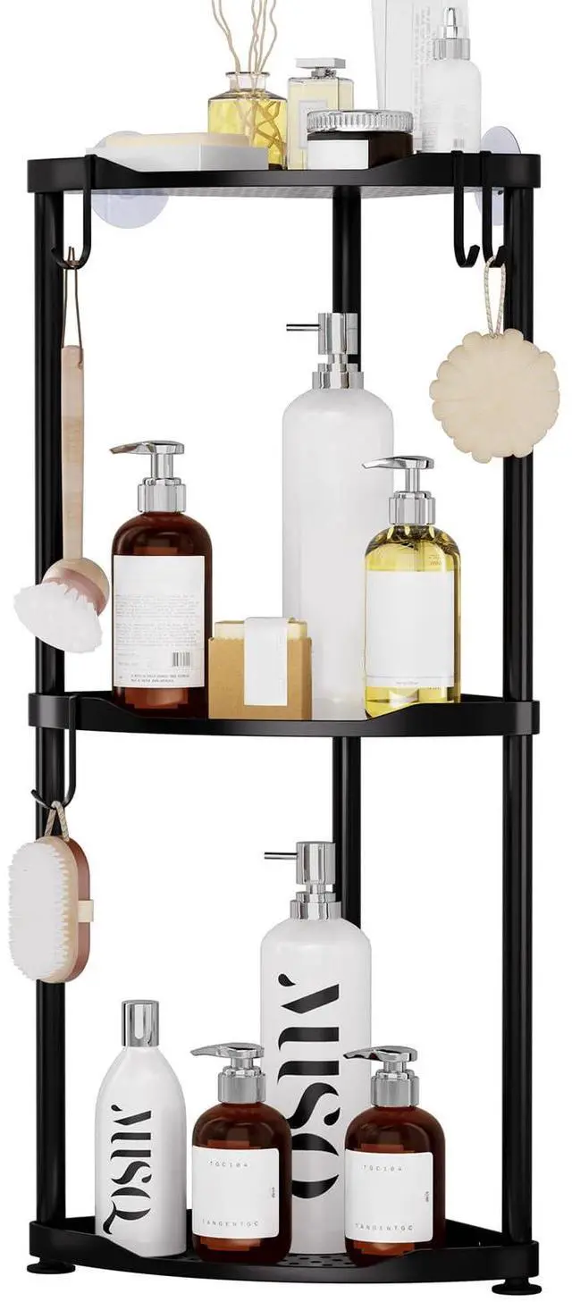 Main image of Corner Shower Caddy Standing - 3 Tier Stainless Steel Shower Organizer Stand, Large Capacity Floor Shelf with 4 Hooks, Rustproof Bathroom Storage Rack, Black