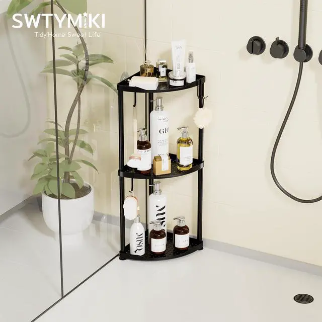 Alt view image 2 of 7 - Corner Shower Caddy Standing - 3 Tier Stainless Steel Shower Organizer Stand, Large Capacity Floor Shelf with 4 Hooks, Rustproof Bathroom Storage Rack, Black