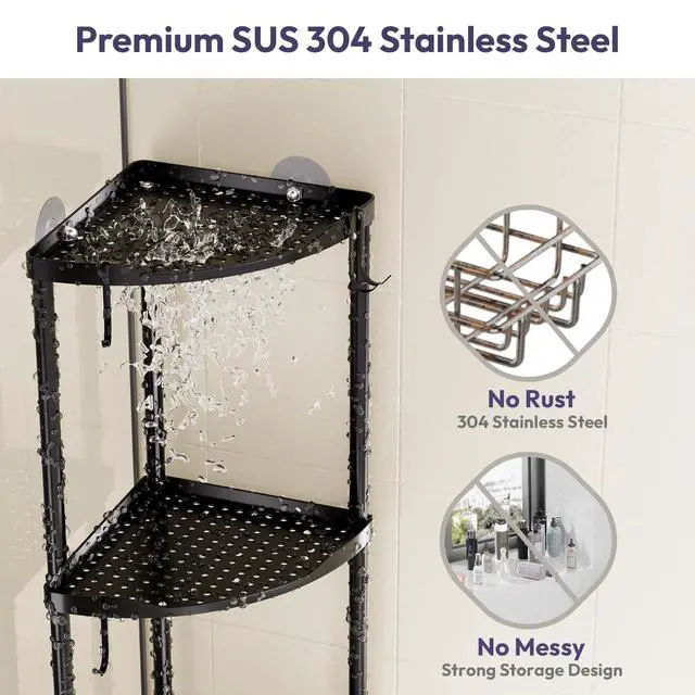 Alt view image 4 of 7 - Corner Shower Caddy Standing - 3 Tier Stainless Steel Shower Organizer Stand, Large Capacity Floor Shelf with 4 Hooks, Rustproof Bathroom Storage Rack, Black