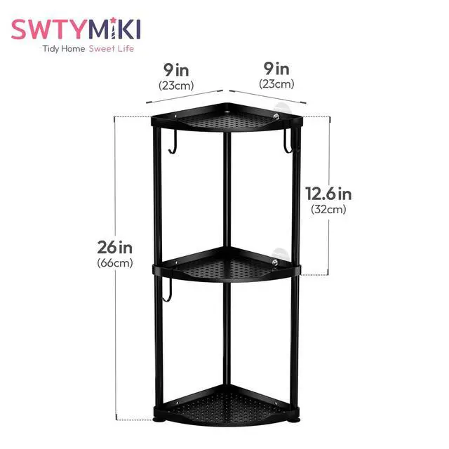 Alt view image 7 of 7 - Corner Shower Caddy Standing - 3 Tier Stainless Steel Shower Organizer Stand, Large Capacity Floor Shelf with 4 Hooks, Rustproof Bathroom Storage Rack, Black