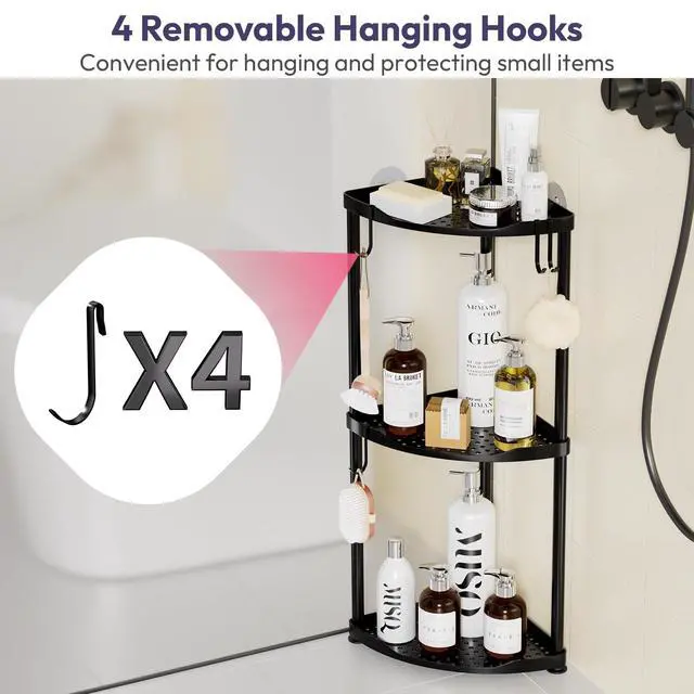 Alt view image 5 of 7 - Corner Shower Caddy Standing - 3 Tier Stainless Steel Shower Organizer Stand, Large Capacity Floor Shelf with 4 Hooks, Rustproof Bathroom Storage Rack, Black