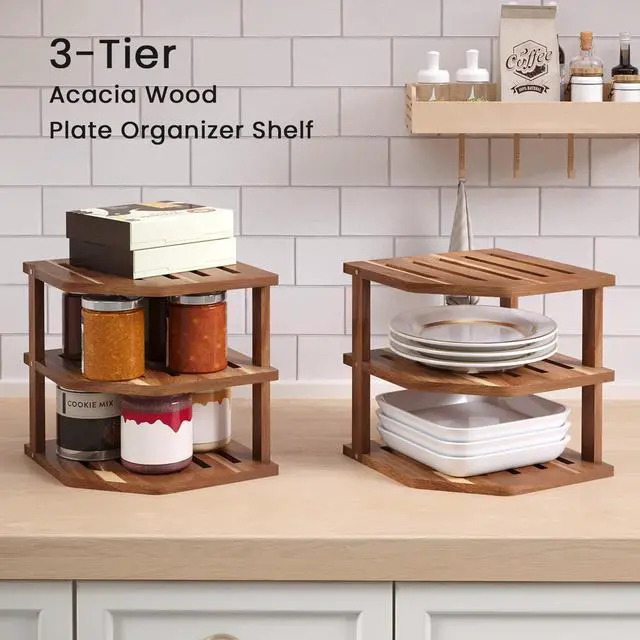 Alt view image 2 of 6 - 3 Tier Acacia Wood Corner Shelf 2 Pack for Countertop and Cabinet