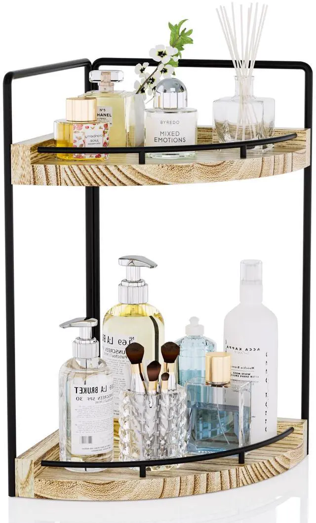Main image of Corner Bathroom Counter Organizer, 2 Tier Wood Vanity Storage, Waterproof Skincare Shelf for Kitchen & Toiletries Decor, Dresser (Rustic-2 Tier)