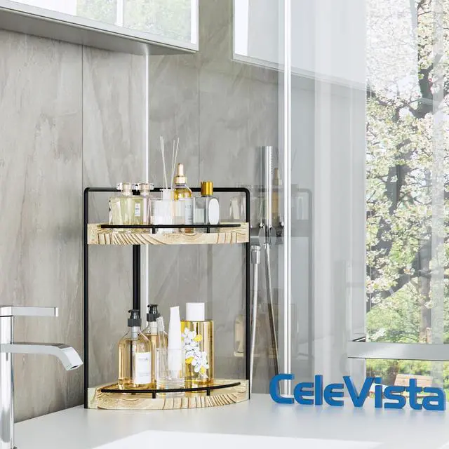 Alt view image 2 of 7 - Corner Bathroom Counter Organizer, 2 Tier Wood Vanity Storage, Waterproof Skincare Shelf for Kitchen & Toiletries Decor, Dresser (Rustic-2 Tier)