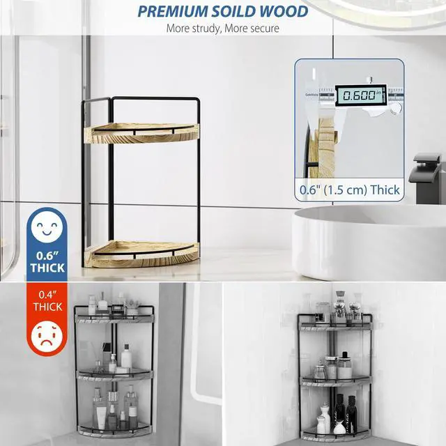 Alt view image 3 of 7 - Corner Bathroom Counter Organizer, 2 Tier Wood Vanity Storage, Waterproof Skincare Shelf for Kitchen & Toiletries Decor, Dresser (Rustic-2 Tier)
