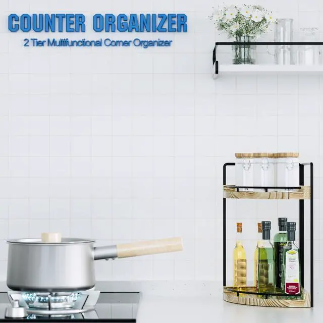 Alt view image 4 of 7 - Corner Bathroom Counter Organizer, 2 Tier Wood Vanity Storage, Waterproof Skincare Shelf for Kitchen & Toiletries Decor, Dresser (Rustic-2 Tier)