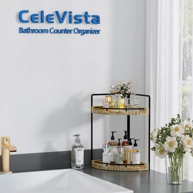 Alt view image 6 of 7 - Corner Bathroom Counter Organizer, 2 Tier Wood Vanity Storage, Waterproof Skincare Shelf for Kitchen & Toiletries Decor, Dresser (Rustic-2 Tier)