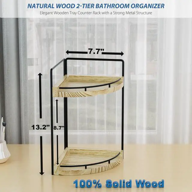 Alt view image 7 of 7 - Corner Bathroom Counter Organizer, 2 Tier Wood Vanity Storage, Waterproof Skincare Shelf for Kitchen & Toiletries Decor, Dresser (Rustic-2 Tier)