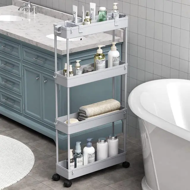 Main image of Slim Storage Cart 4 Tier,Bathroom Organizer Rolling Utility,Mobile Shelving Unit Slide Out for Office, Kitchen, Laundry Room & Narrow Places,Gray