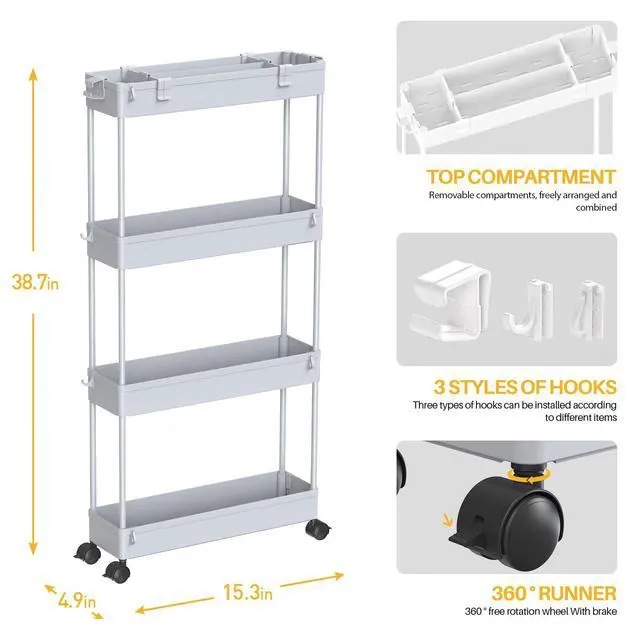 Alt view image 4 of 6 - Slim Storage Cart 4 Tier,Bathroom Organizer Rolling Utility,Mobile Shelving Unit Slide Out for Office, Kitchen, Laundry Room & Narrow Places,Gray