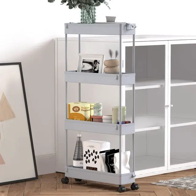 Alt view image 6 of 6 - Slim Storage Cart 4 Tier,Bathroom Organizer Rolling Utility,Mobile Shelving Unit Slide Out for Office, Kitchen, Laundry Room & Narrow Places,Gray