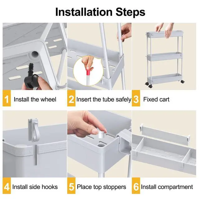 Alt view image 5 of 6 - Slim Storage Cart 4 Tier,Bathroom Organizer Rolling Utility,Mobile Shelving Unit Slide Out for Office, Kitchen, Laundry Room & Narrow Places,Gray