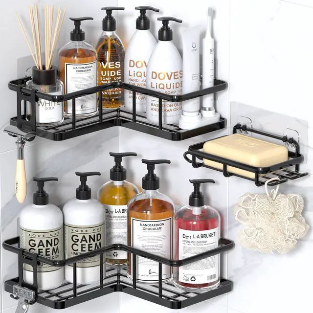 Main image of Corner Shower Caddy Adhesive, 100% Rustproof Shower Organizer with Soap Holder, No Drill Shower Shelf for Inside Shower, Wall-Mounted Shower Storage for Homes (3 Pack, Black)