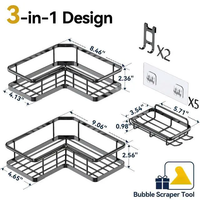 Alt view image 2 of 7 - Corner Shower Caddy Adhesive, 100% Rustproof Shower Organizer with Soap Holder, No Drill Shower Shelf for Inside Shower, Wall-Mounted Shower Storage for Homes (3 Pack, Black)