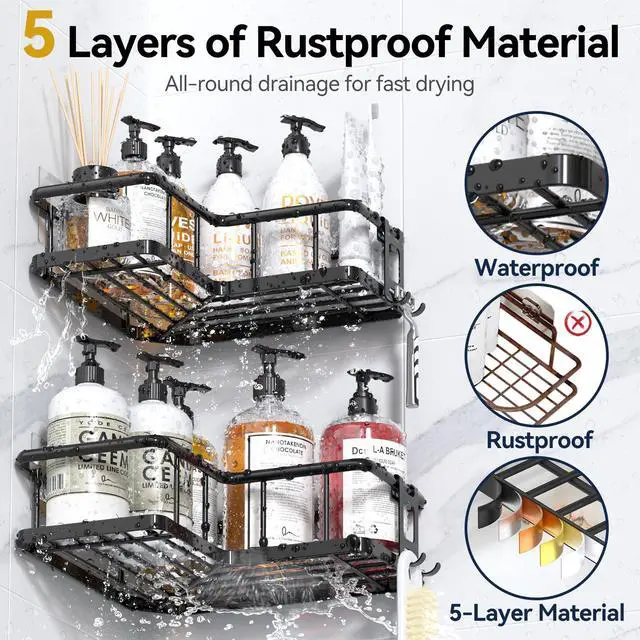 Alt view image 4 of 7 - Corner Shower Caddy Adhesive, 100% Rustproof Shower Organizer with Soap Holder, No Drill Shower Shelf for Inside Shower, Wall-Mounted Shower Storage for Homes (3 Pack, Black)