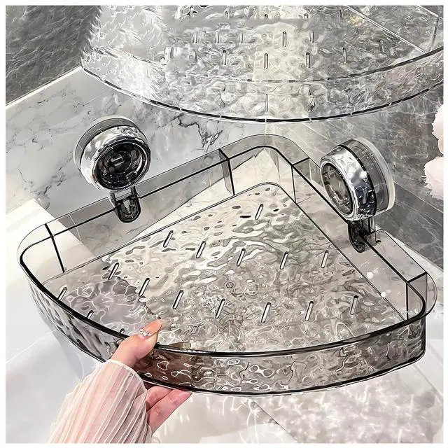 Main image of Corrugated Suction Cup Storage Holder Corner Shower Caddy Large Organizer Bathroom Shelf Clear Acrylic Shower Tray Shelves Inside Floating Shower Wall Shelf Bath Basket Rack Heavy Duty (Corner-Grey)