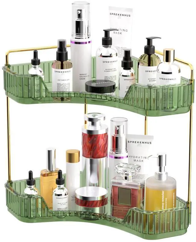 Main image of 2 Tier Bathroom Counter Organizer, Multi-Function Corner Bathroom Organizer Countertop,Makeup Organizer Perfume for Dresser Vanity Tray, Spice Rack Organizer for Kitchen (Clear)