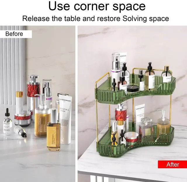 Alt view image 3 of 7 - 2 Tier Bathroom Counter Organizer, Multi-Function Corner Bathroom Organizer Countertop,Makeup Organizer Perfume for Dresser Vanity Tray, Spice Rack Organizer for Kitchen (Clear)