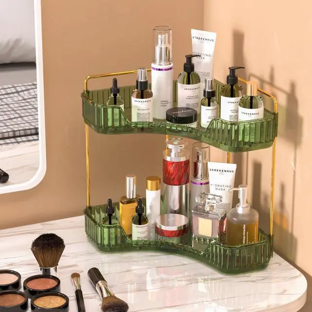 Alt view image 2 of 7 - 2 Tier Bathroom Counter Organizer, Multi-Function Corner Bathroom Organizer Countertop,Makeup Organizer Perfume for Dresser Vanity Tray, Spice Rack Organizer for Kitchen (Clear)