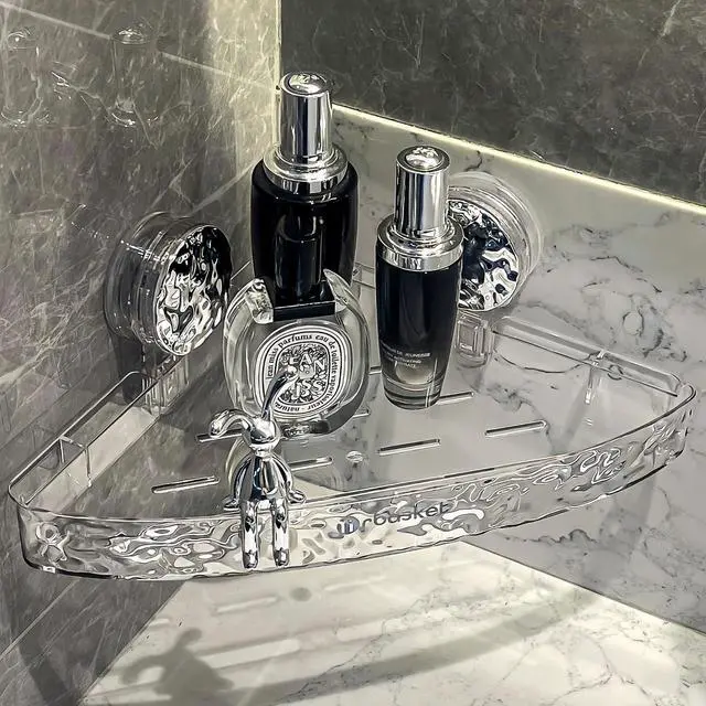 Main image of Corner Shower Caddy Suction Cup, Wall Mounted Suction Shower Rack Organizer, No Drilling Shower Shelf, Clear Basket with 4 Movable Hooks, Bathroom Storage Rack (clear, 90°corner)