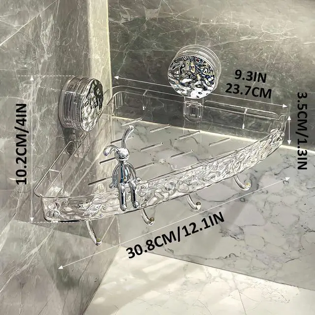 Alt view image 3 of 7 - Corner Shower Caddy Suction Cup, Wall Mounted Suction Shower Rack Organizer, No Drilling Shower Shelf, Clear Basket with 4 Movable Hooks, Bathroom Storage Rack (clear, 90°corner)