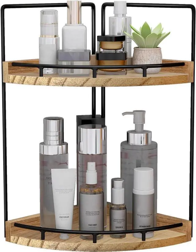 Main image of 2-Tier Bathroom Counter Organizer,Vanity Counter Corner Shelf, Skincare, Wood Countertop Bathroom Storage and Organization for Kitchen (Brown)