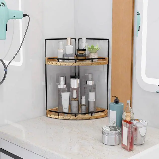 Alt view image 2 of 6 - 2-Tier Bathroom Counter Organizer,Vanity Counter Corner Shelf, Skincare, Wood Countertop Bathroom Storage and Organization for Kitchen (Brown)