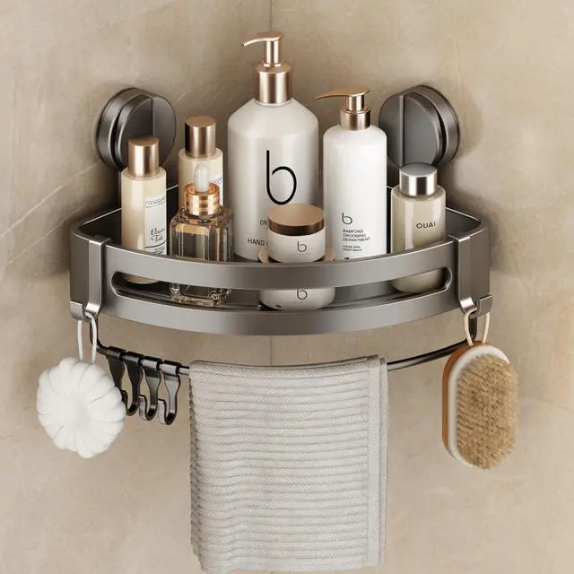 Main image of Corner Shower Caddy Suction Cup, 1 Pack Shower Shelves No Drilling, Showers Organizer Storage with Towel Bar & Removable Hooks, Bathroom Shower Shelf Rack for Inside Showers