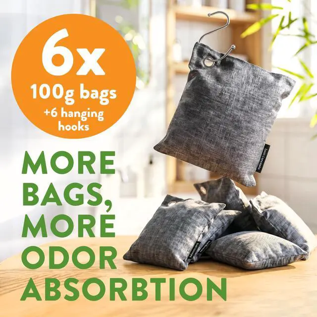 Alt view image 6 of 7 - Charcoal Odor Absorber for Strong Odor (6 Pack, 100g each), Bamboo Charcoal Air Purifying Bag, Basement Musty Odor Eliminator Deodorizer, Activated Charcoal Odor Absorber for Closet, Shoe, Car
