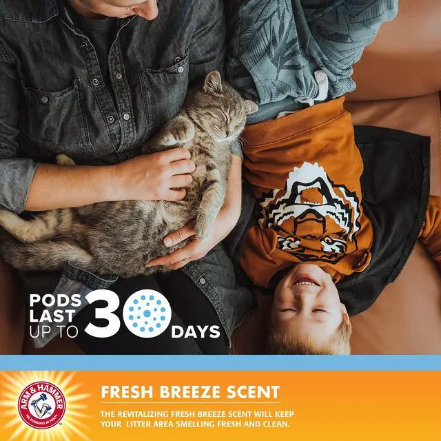 Alt view image 3 of 6 - Pets Cat Litter Box Deodorizing Pods 2 pods, Fresh Breeze Scent | 2 Cat Litter Box Deodorizer from Arm and Hammer | Combats Cat Odors | 2 Adhesive Devices (Pack of 2)