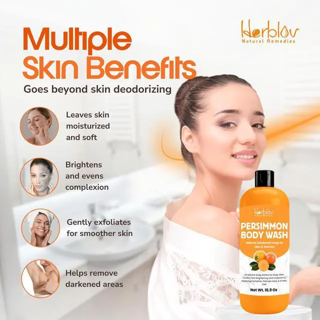Alt view image 3 of 7 - Persimmon Body Wash for Body Odor Control Purifying Deodorizing Soap for Eliminating Odor Underarms, Intimate Inner Thigh, Bikini Area, Smelly Feet Natural Deodorant Soap, Kids Safe