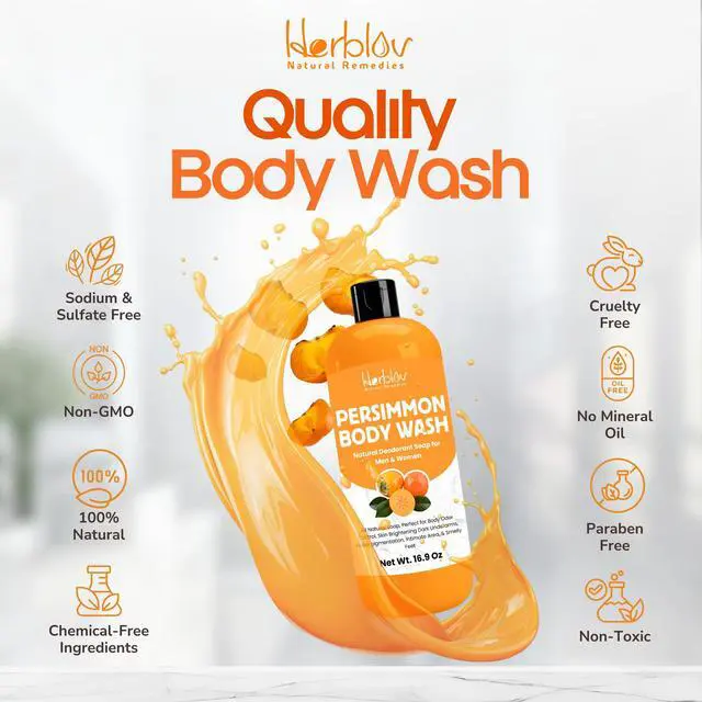 Alt view image 4 of 7 - Persimmon Body Wash for Body Odor Control Purifying Deodorizing Soap for Eliminating Odor Underarms, Intimate Inner Thigh, Bikini Area, Smelly Feet Natural Deodorant Soap, Kids Safe