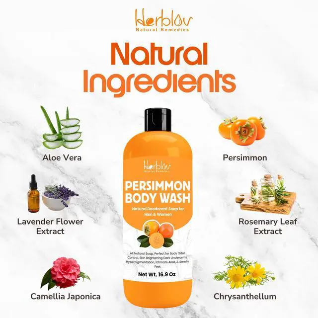 Alt view image 5 of 7 - Persimmon Body Wash for Body Odor Control Purifying Deodorizing Soap for Eliminating Odor Underarms, Intimate Inner Thigh, Bikini Area, Smelly Feet Natural Deodorant Soap, Kids Safe