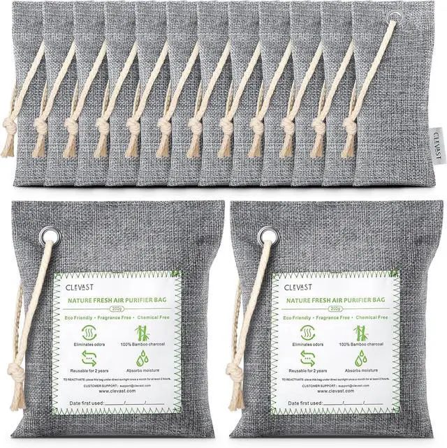 Main image of 14 Pack Activated Bamboo Charcoal Air Purifying Bags(2x200g, 12x50g), Natural Fresh Odor Absorber, Deodorizer and Moisture Eliminator, Air Purifier Bags for Home